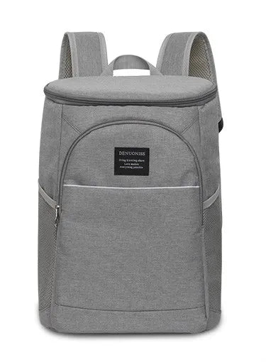 A gray insulated thermal cooler backpack with padded straps and a top flap.