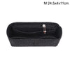 Black felt bag insert organizer with a zipper and a small charm