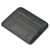A black genuine leather slim card holder wallet shown from above.