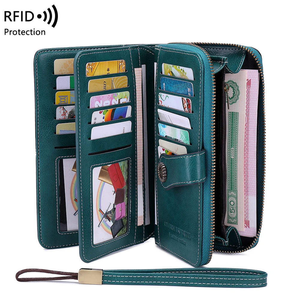 A dark green RFID protection multi-card wallet with a leather wrist strap is displayed.