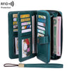 A dark green RFID protection multi-card wallet with a leather wrist strap is displayed.