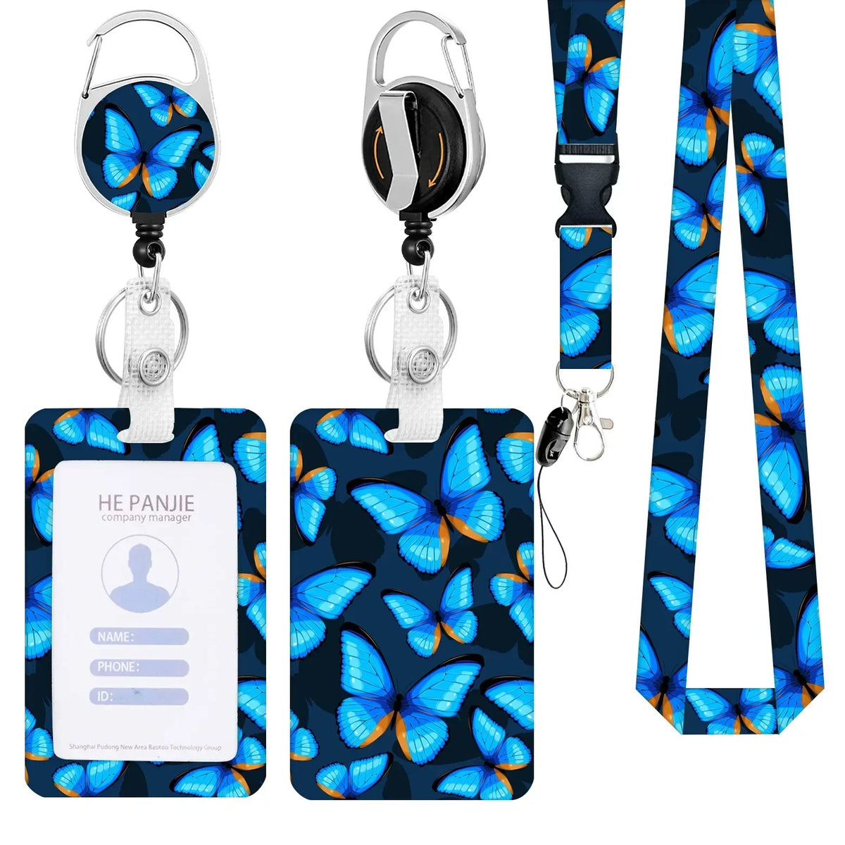 A set of blue and orange butterfly-patterned badge reels with silver clasps and black neck straps.