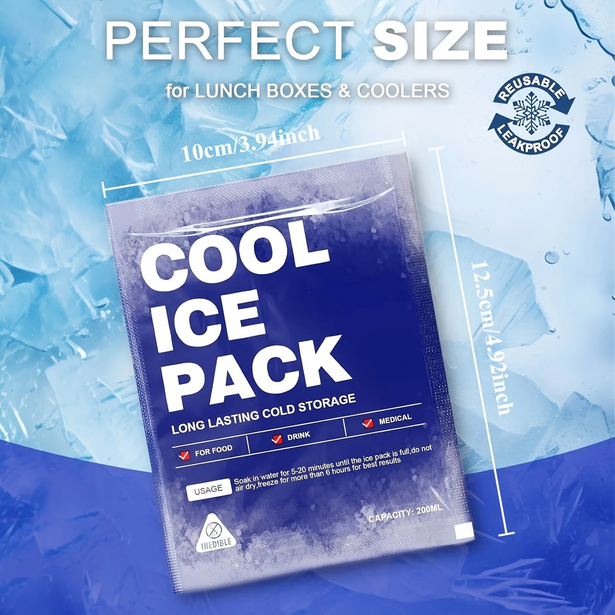 A package of cool ice pack for lunch boxes and coolers, showing its size and medical use.