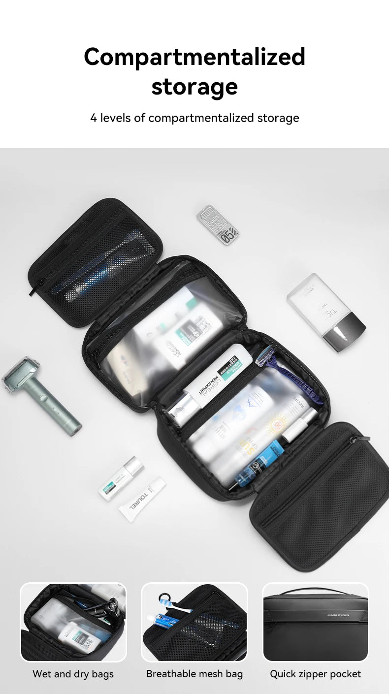 A black compartmentalized storage bag showing various toiletries and accessories organized in four levels.
