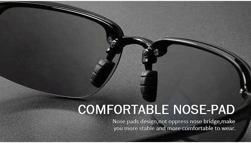 Black rimless polarized sports sunglasses with comfortable nose pads shown against a dark background