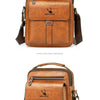 A brown vintage PU leather crossbody messenger bag with a leather strap and buckle detail.