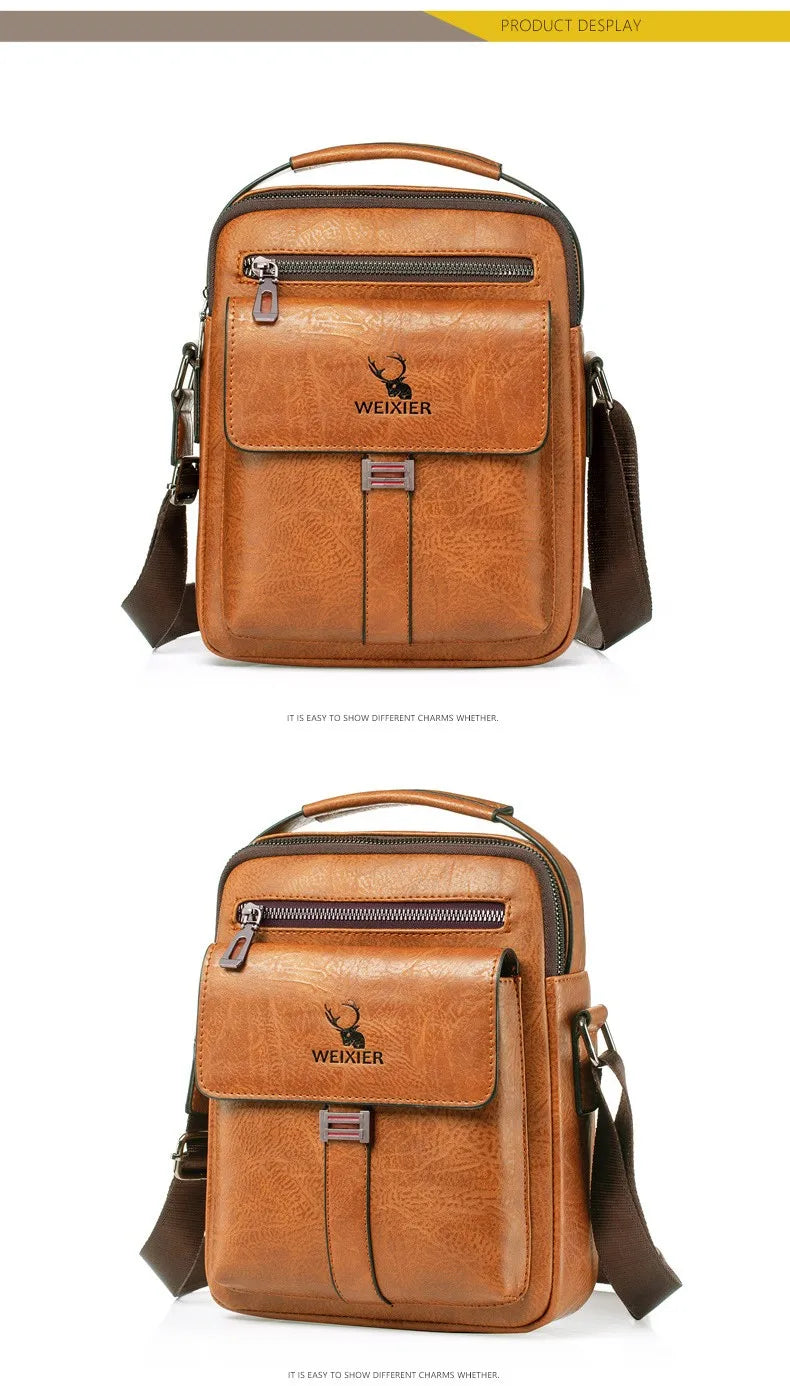 A brown vintage PU leather crossbody messenger bag with a leather strap and buckle detail.