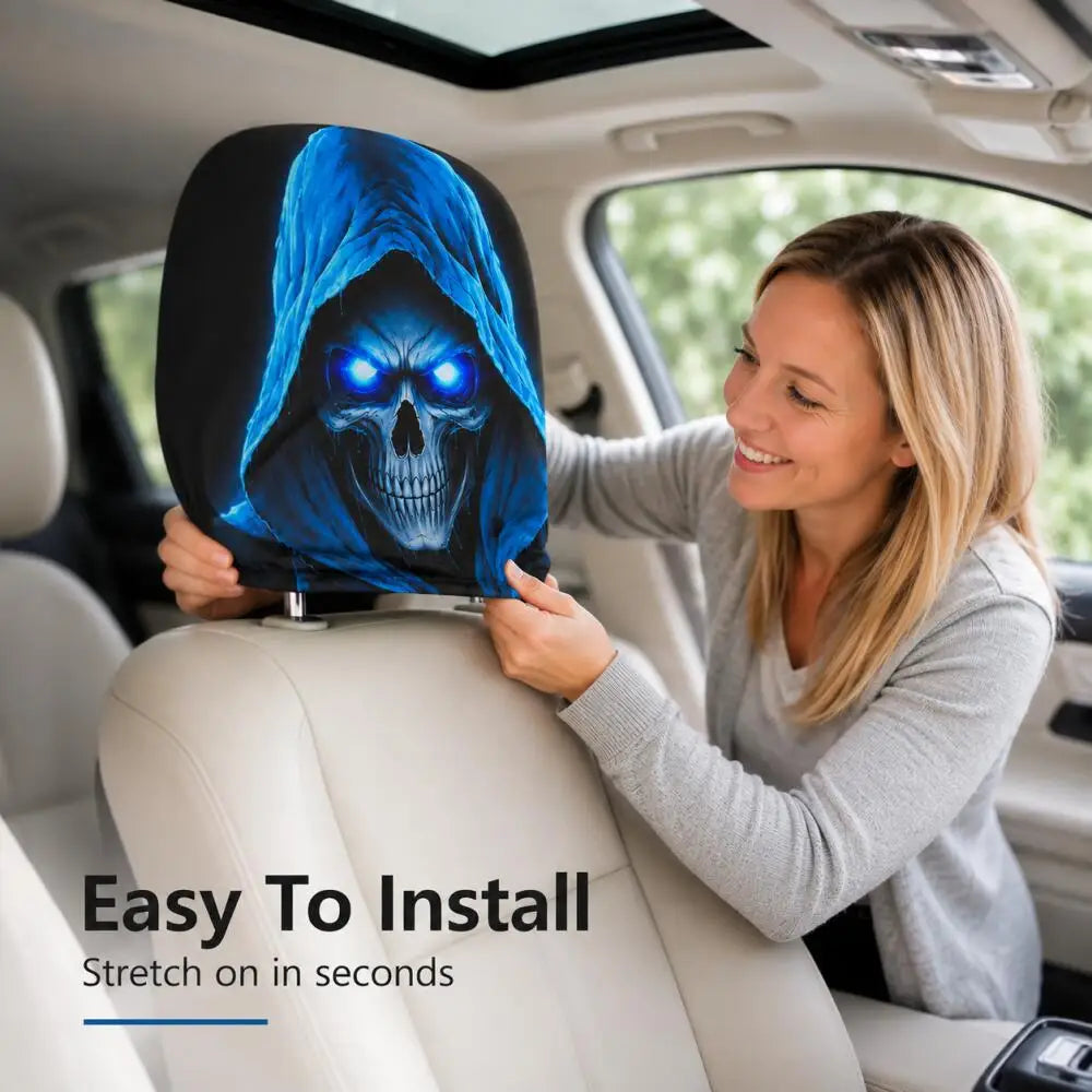 A woman installs a gothic skull headrest cover with a blue glow design in a car seat.