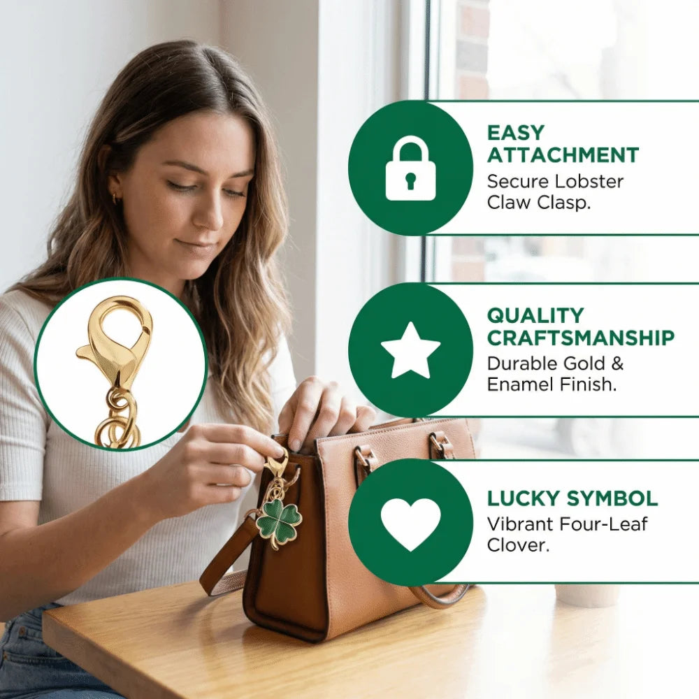 A woman is shown assembling a gold and enamel four-leaf clover keychain, highlighting easy attachment, quality craftsmanship,