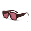 A pair of dark brown, oversized square sunglasses with pinkish-red lenses.
