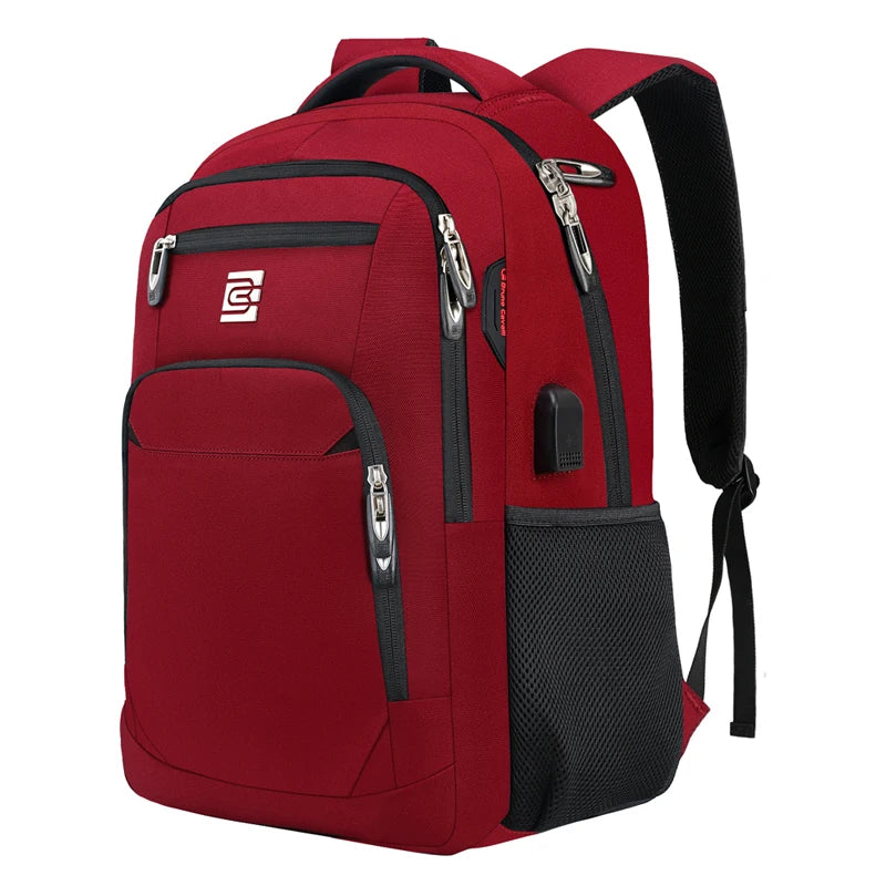 Roter Laptop-Rucksack mit schwarzen Akzenten und einem schwarzen Riemen.