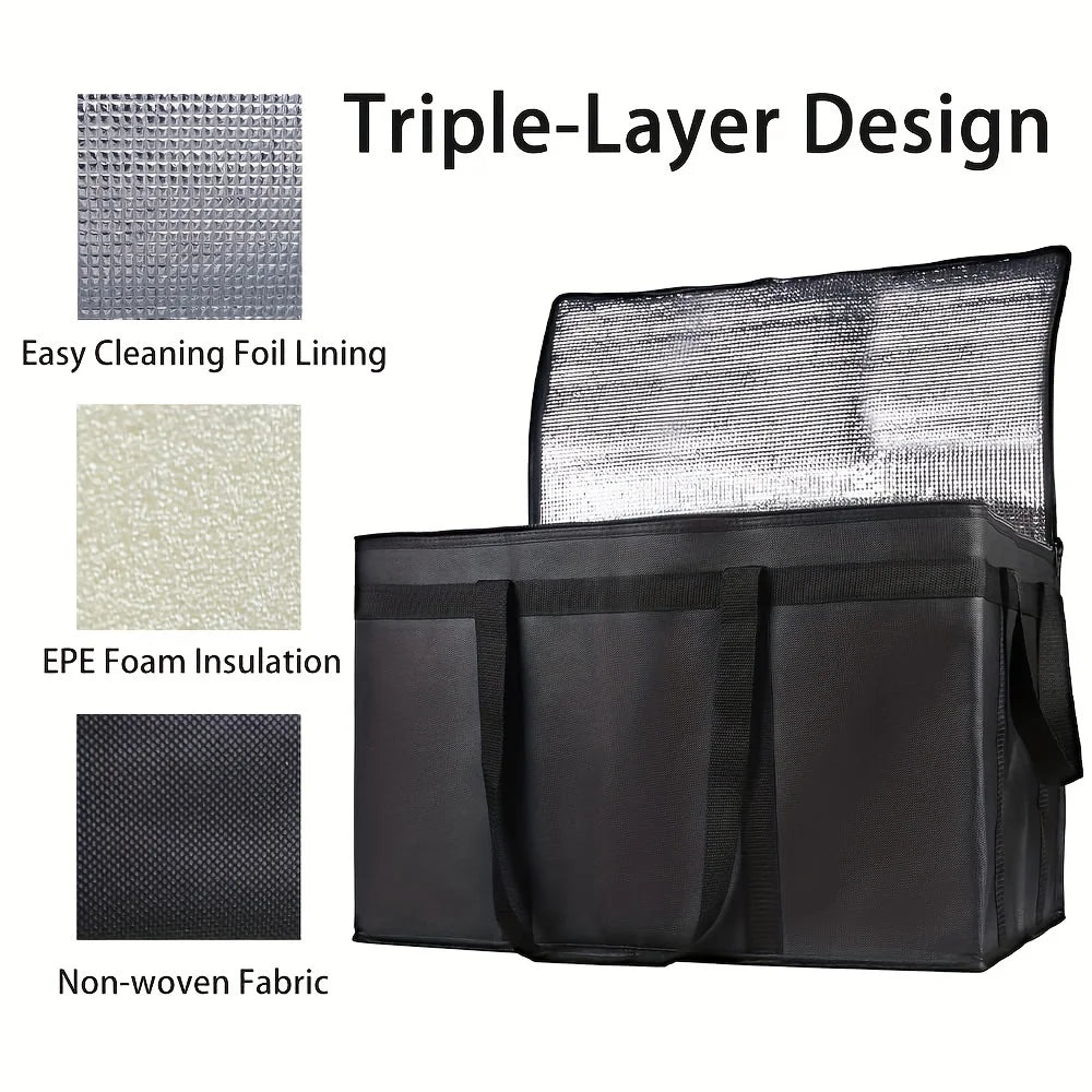 Triple-layer design of an extra-large foldable insulated food bag showing the foil lining, EPE foam insulation, and non-woven
