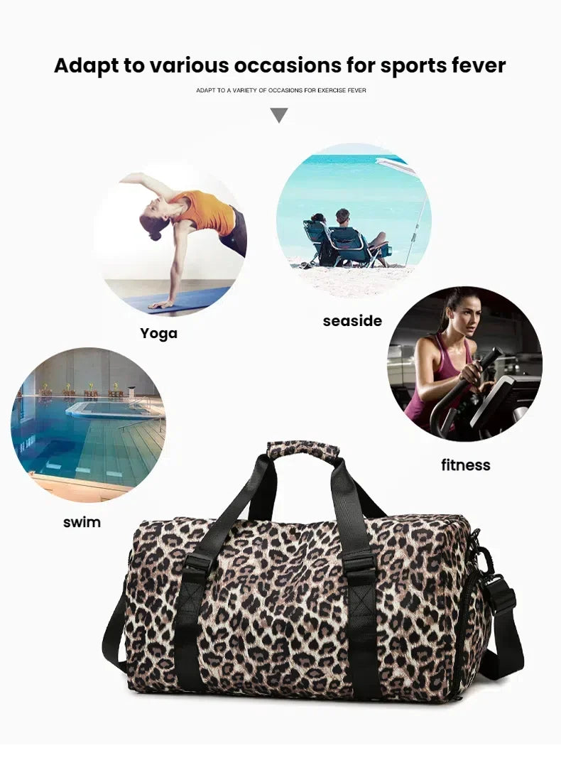 Maleta tipo duffel de estampado de leopardo para viajar con compartimento para zapatos, junto a diversas actividades deportiv