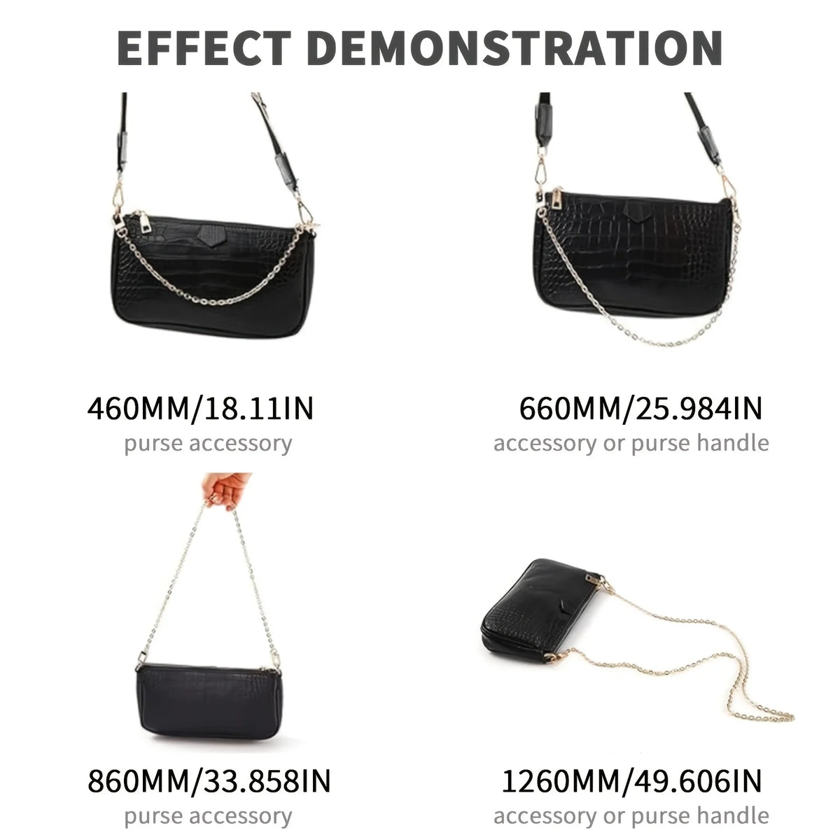 Demostración de varias longitudes de correas ajustables de cadena metálica para bolsos.