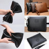 A collection of black and brown PU leather clutch bags shown in various angles and contexts.