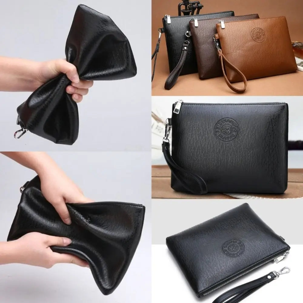 A collection of black and brown PU leather clutch bags shown in various angles and contexts.