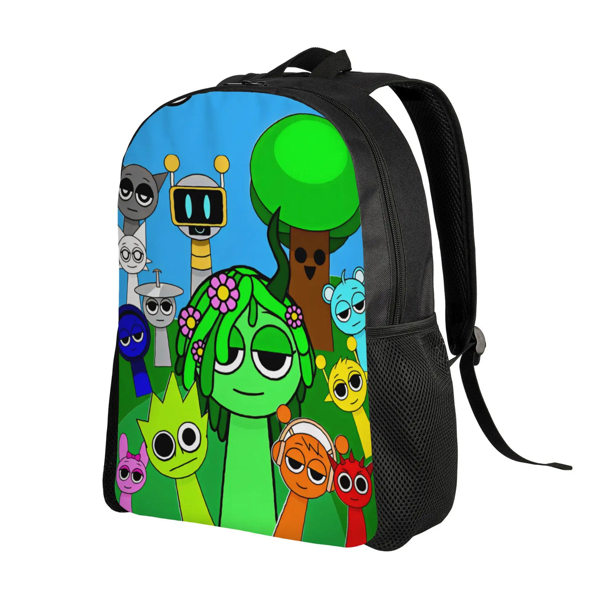 A black backpack featuring colorful Sprunkis characters on a blue background.