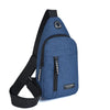 A dark blue casual chest bag with a black strap and a zippered phone pocket.
