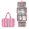 Bolsa de tocador colgante de cuatro pliegues a rayas rosa y blanca con múltiples compartimentos.