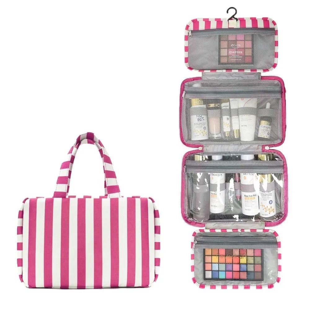 Bolsa de tocador colgante de cuatro pliegues a rayas rosa y blanca con múltiples compartimentos.