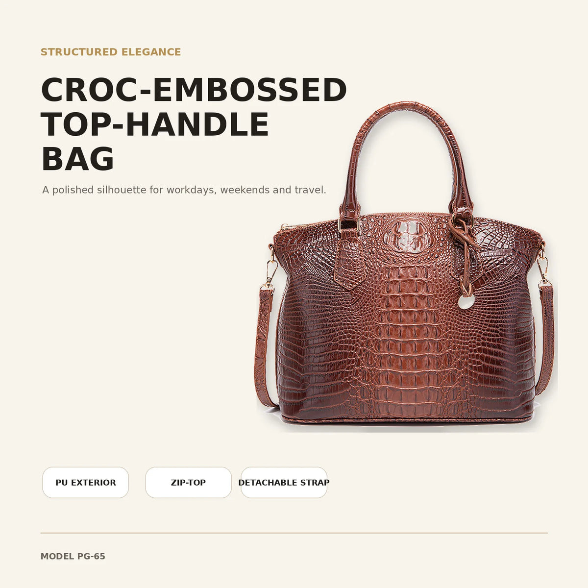 Braune krokodillede Top-Handle-Tasche mit poliertem Silhouetten-Look vor hellem Hintergrund.