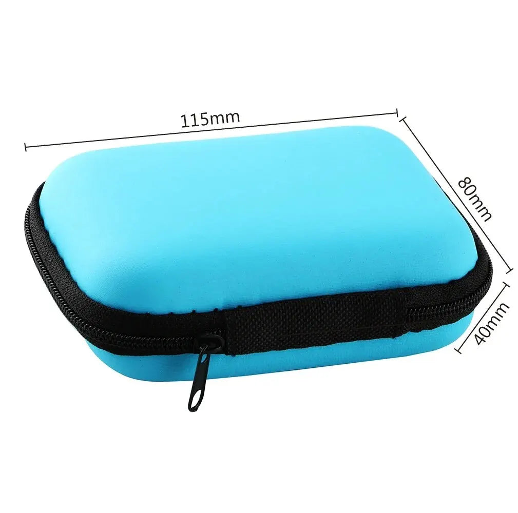 Sac de rangement portable bleu clair avec fermeture éclair noire et dimensions marquées.