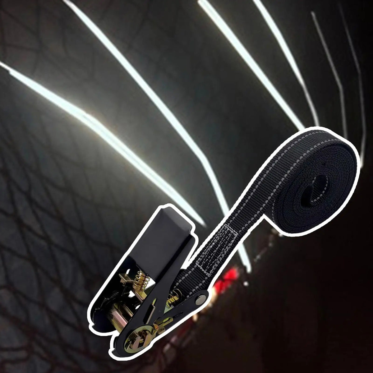 A close-up view of heavy duty ratchet tie-down straps with a black strap and metal hardware against a dark background.