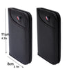 Black slim PU leather credit card wallet shown from the side with dimensions.
