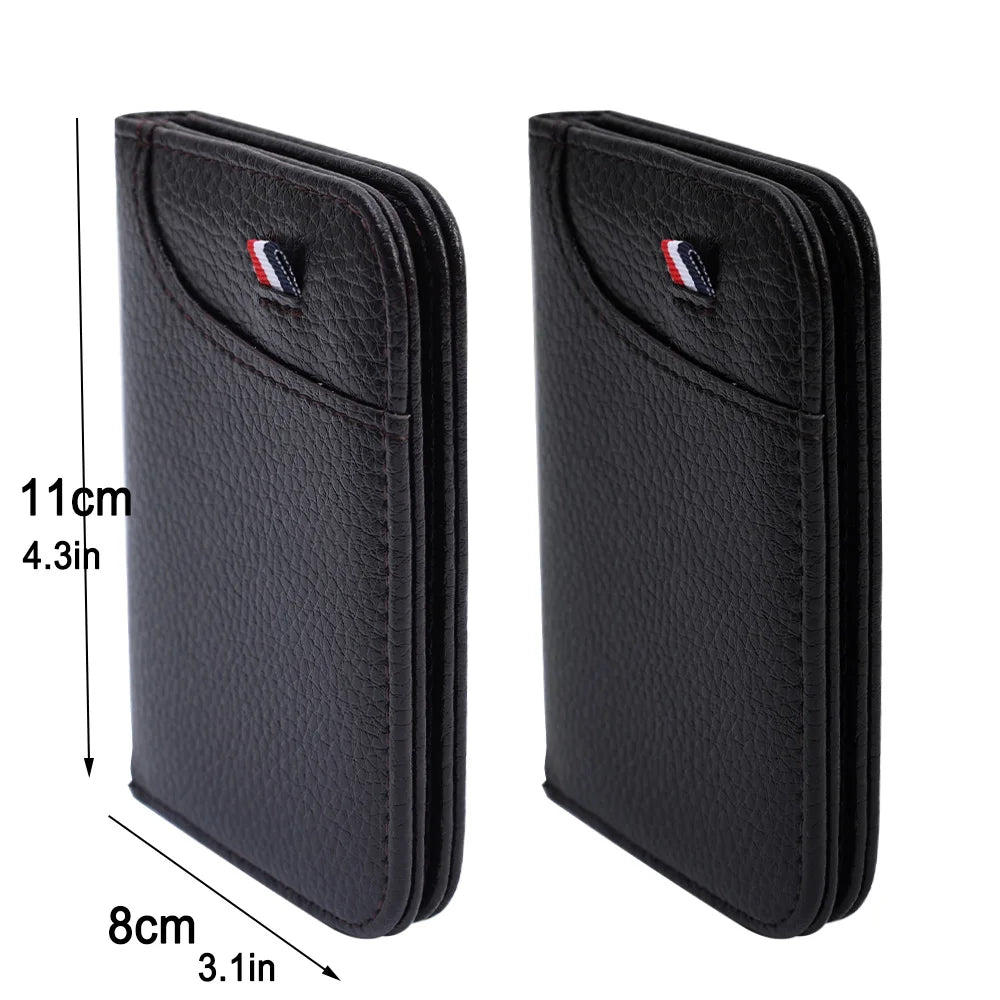 Black slim PU leather credit card wallet shown from the side with dimensions.