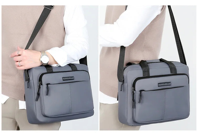 Mochila horizontal gris para hombre mostrada de perfil, llevada por una persona.