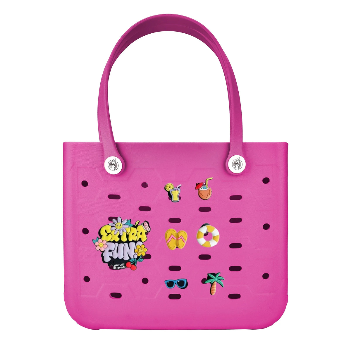 Grand sac de plage en caoutchouc EVA rose vif et imperméable avec poignée et design perforé.