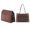 A brown felt purse organizer with a flap and gold chain strap is shown next to its open version.