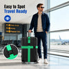 A man stands next to a black and green rolling suitcase, demonstrating easy travel readiness.