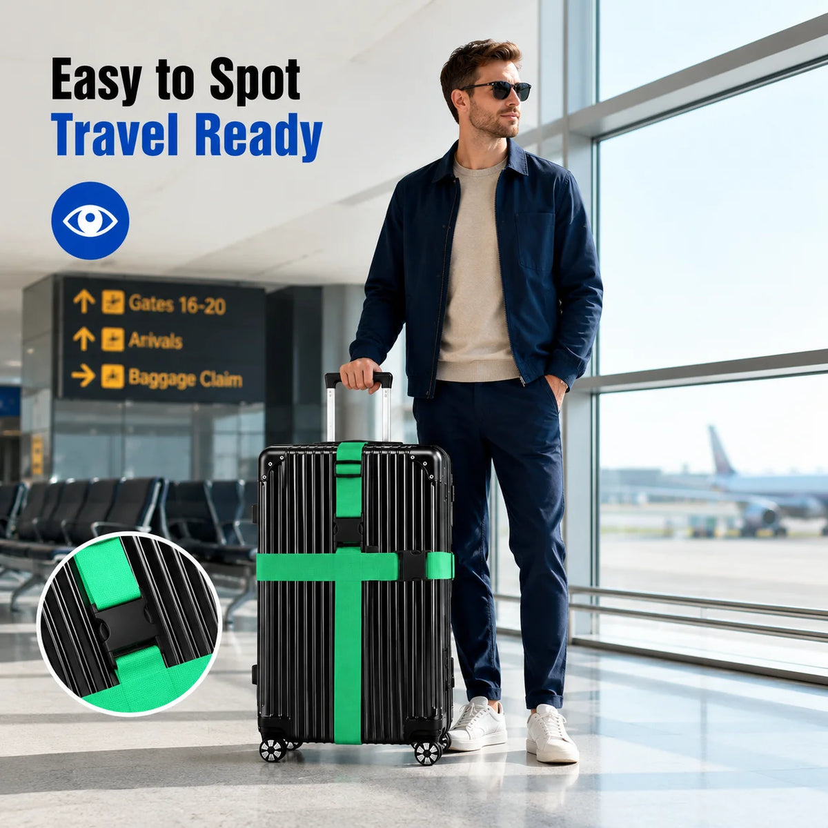 A man stands next to a black and green rolling suitcase, demonstrating easy travel readiness.
