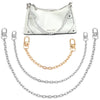 A white leather bag with silver hardware and three adjustable metal chains for strap accessories.