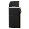 A black slim metal RFID credit card holder wallet with a gold-colored exterior and a black protective cover.