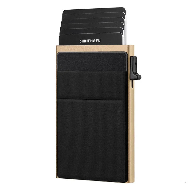 A black slim metal RFID credit card holder wallet with a gold-colored exterior and a black protective cover.