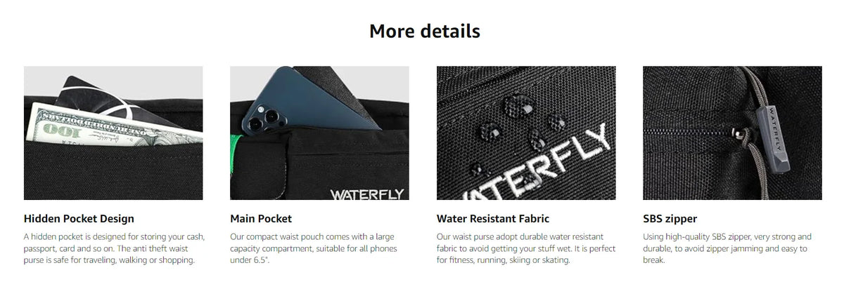 A black slim multi-pocket waist bag featuring a hidden pocket design, main pocket, and water resistant fabric.