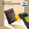 A black leather wallet with a red RFID blocking chip is shown next to a smartphone, emphasizing total security protection.
