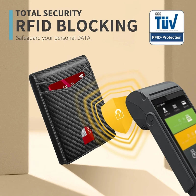 A black leather wallet with a red RFID blocking chip is shown next to a smartphone, emphasizing total security protection.
