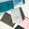 A collection of slim leather passport holders in teal, gray, and pink are arranged on a white surface.