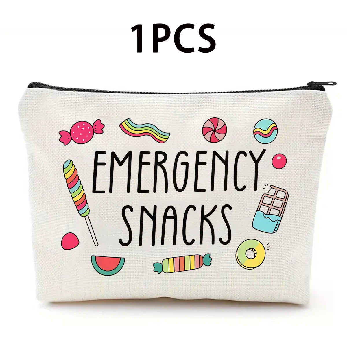 A white pouch filled with colorful emergency snacks including candies and fruit slices.