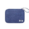 A dark blue fabric pouch designed to organize and protect electronic cables and accessories.
