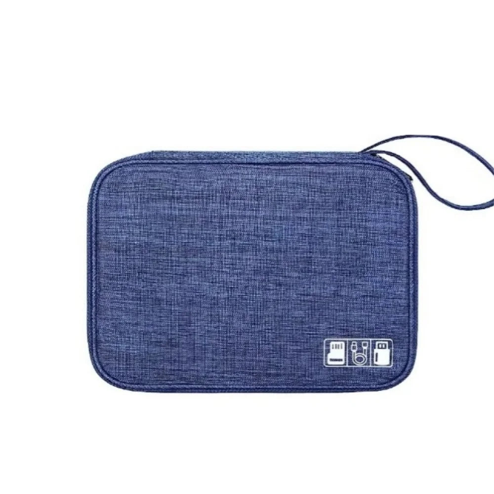 A dark blue fabric pouch designed to organize and protect electronic cables and accessories.