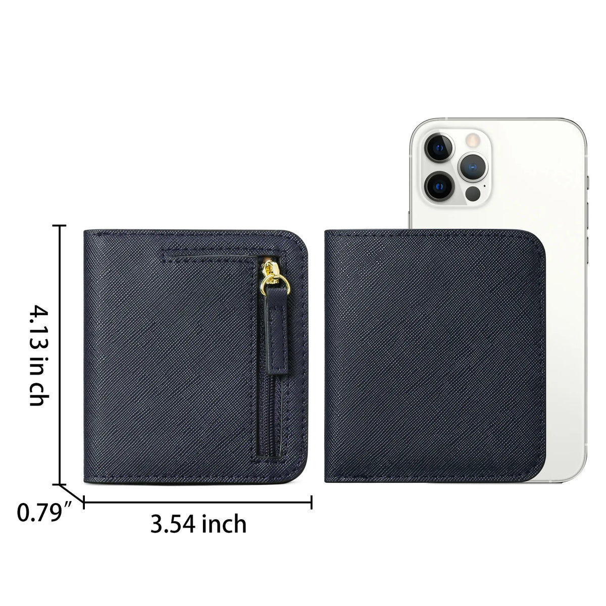 A dark navy blue compact bi-fold leather wallet next to an iPhone, showing its dimensions.