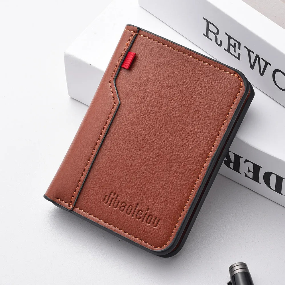 A brown ultra-thin PU leather credit card wallet with a red accent, shown on a white background.