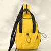 A bright yellow backpack with black straps and a laptop compartment shown from the back.