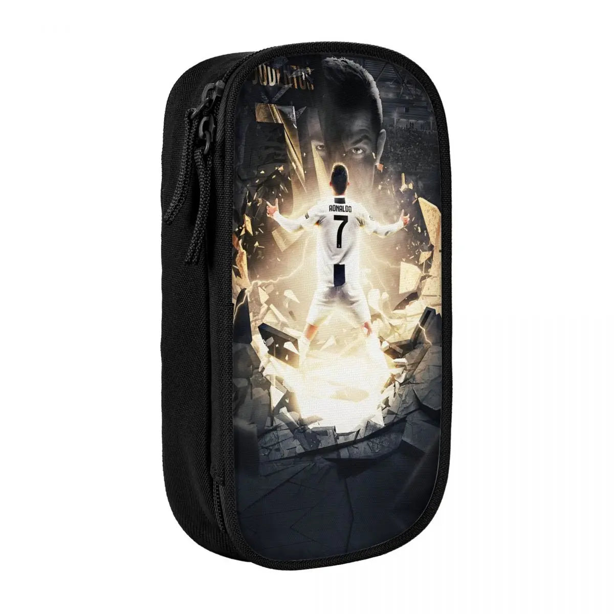 Black leather pencil case featuring a dramatic image of a soccer player in a white jersey with the number 7
