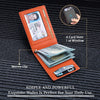 An orange slim bifold wallet is shown open, displaying card slots and a window, with cash and cards inside.