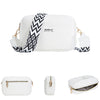 White leather zipper shoulder bag with a black and white chevron pattern strap